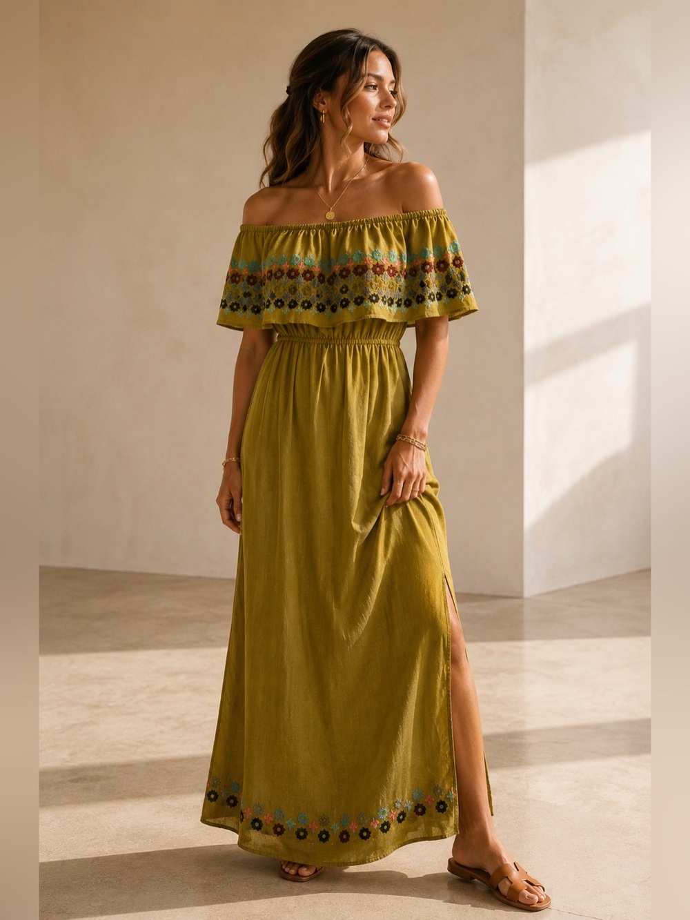 THML Embroidered Off Shoulder Dress Olive green Boho Festival Resort Medium